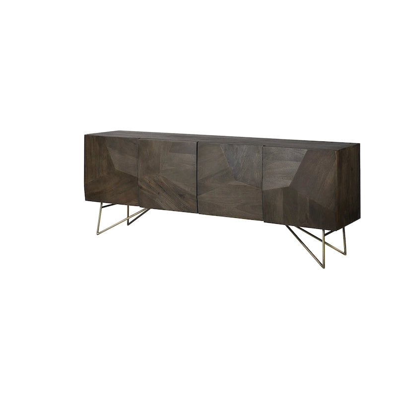 Credenza in Legno di Mango Marrone Scuro con Base in Ferro Dorato e Motivo Geometrico sulle Ante