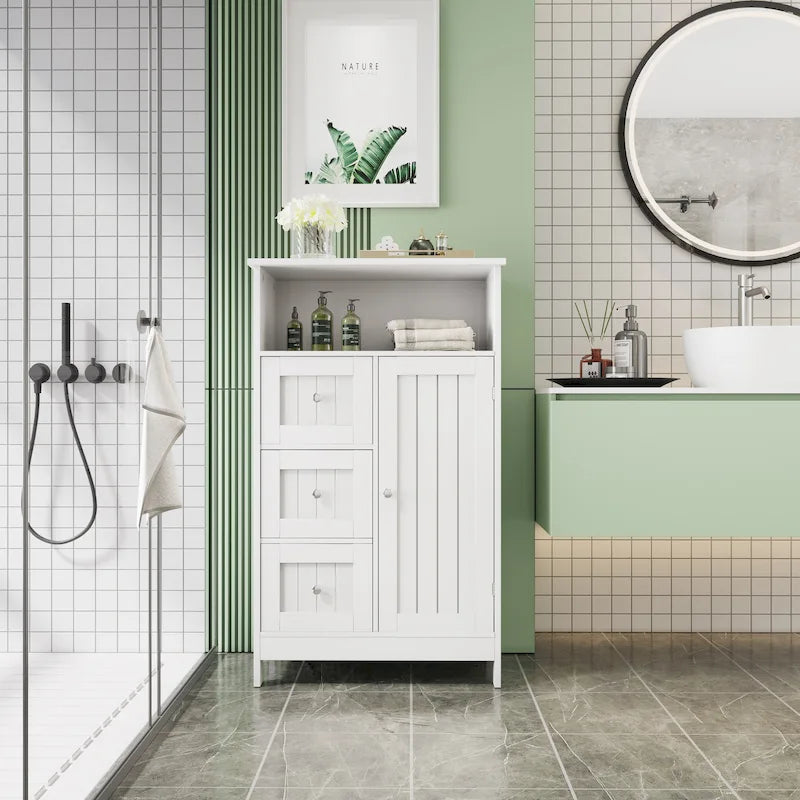 Mobiletto bianco da bagno a terra con 3 cassetti e 1 anta