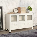 Credenza industriale in metallo con scomparti ad anta in vetro e porta etichette