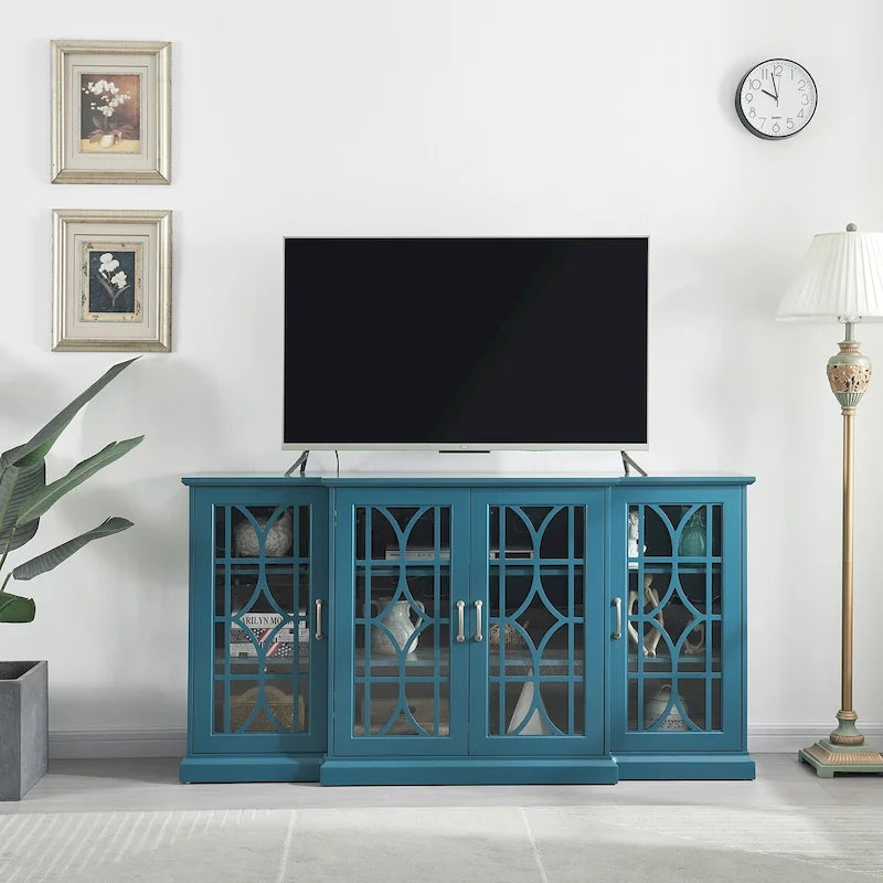 Credenza porta TV in legno con 4 ante intagliate e gestione cavi