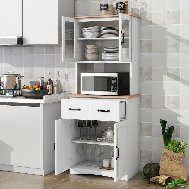 Dispensa da cucina bianca con ante in vetro, cassetti e ripiani regolabili