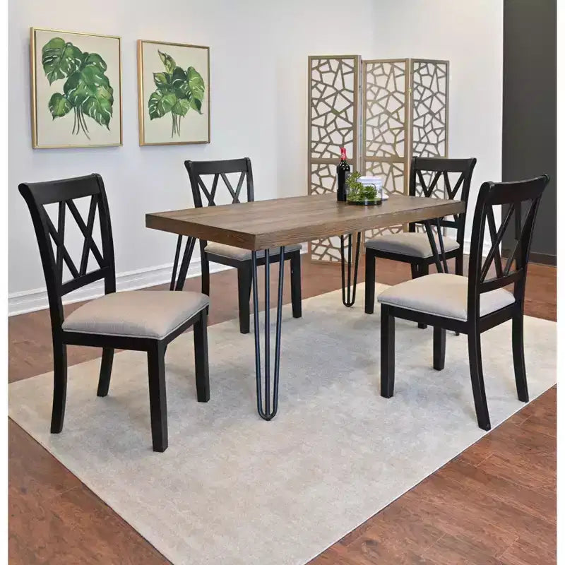Roundhill Furniture Arroyo-eetset, eettafel met haarspeldpoten en 4 stoelen met kruisrugleuning, diepzwart, 5-delig