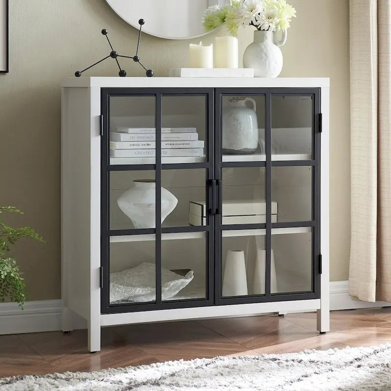 Mobiletto d'accento rettangolare con ante in vetro stile Crittall e foro passacavi