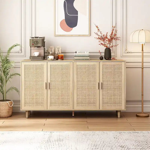 62.20 Elegant and Functional 4-Door Rattan Decorative Storage Cabinet,for Bedroom,Living Room,Office,Easy Assembly