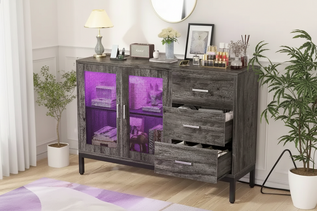 Mobile credenza in legno con luci LED RGB e stazione di ricarica