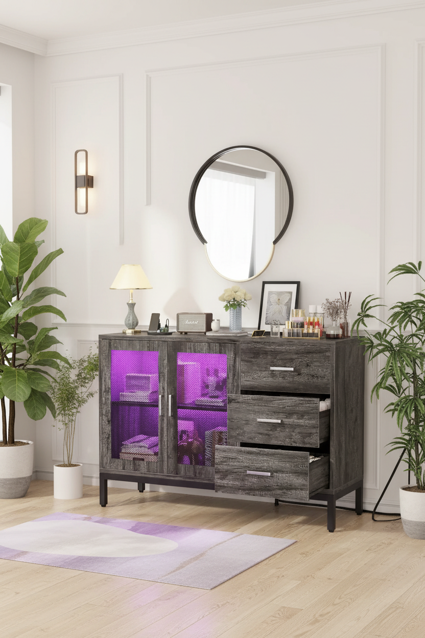 Mobile credenza in legno con luci LED RGB e stazione di ricarica