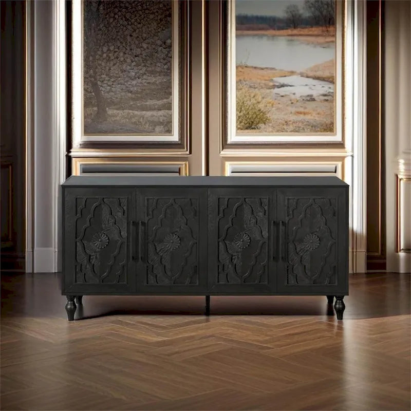 Credenza in MDF nero con ante a fiori intagliati e maniglie in metallo