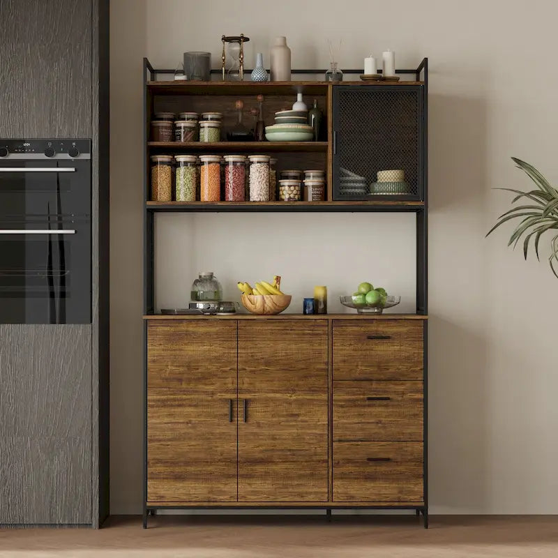 Scaffale da Cucina in Stile Vintage con Struttura in Ferro Nero e Ripiani in MDF