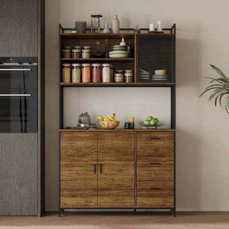 Multifunctional Kitchen Cabinet Collection Metal Frame Shelf Brown Walnut Color
