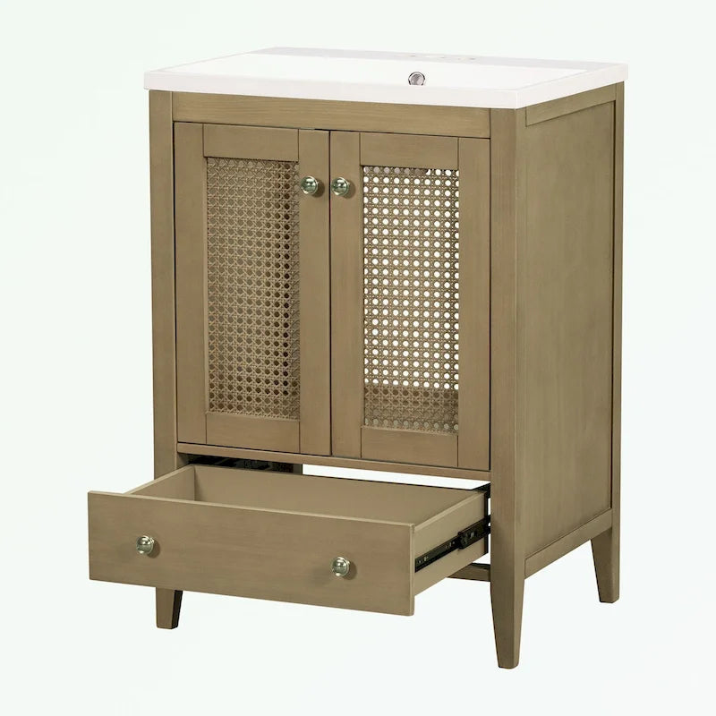 Mobile bagno in stile naturale con lavabo da incasso in ceramica e ante in rattan
