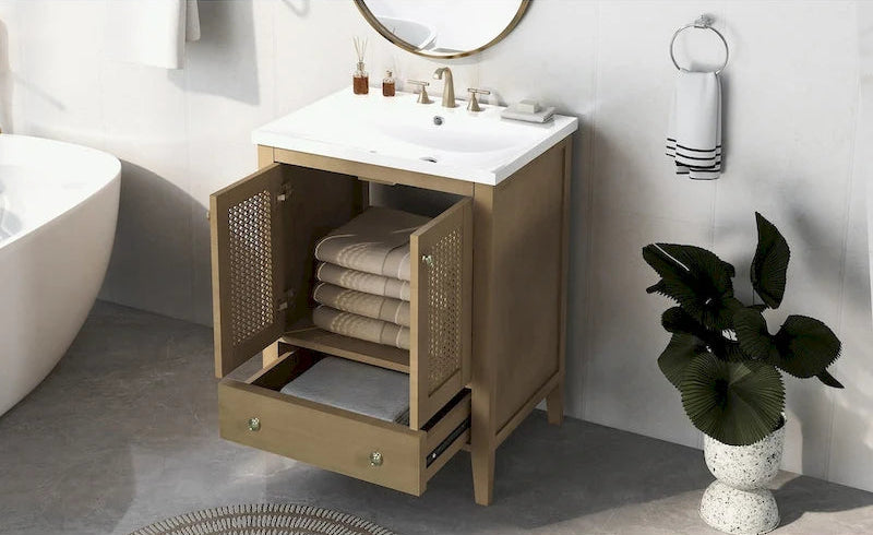 Bathroom Vanity with Ceramic Basin, Two Rattan Doors
