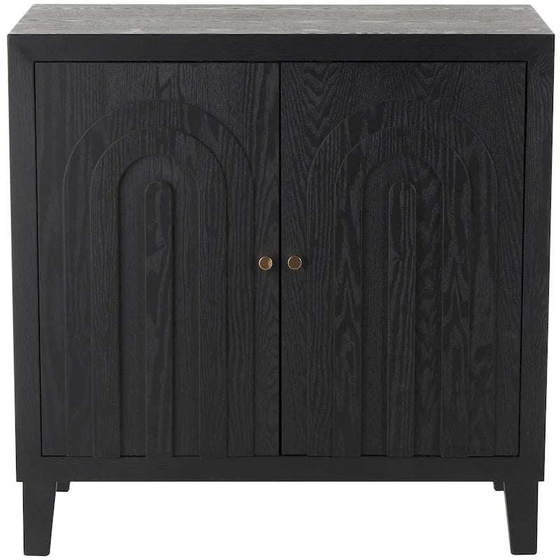 Mobile in MDF Nero con Ante ad Arco Intagliate in Stile Art Déco Geometrico e Pomelli Dorati