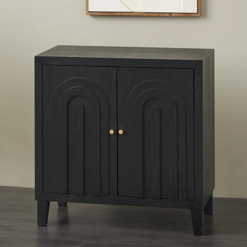 Mobile in MDF Nero con Ante ad Arco Intagliate in Stile Art Déco Geometrico e Pomelli Dorati
