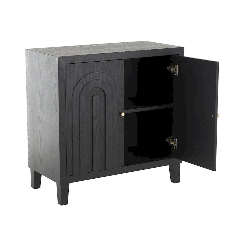Mobile in MDF Nero con Ante ad Arco Intagliate in Stile Art Déco Geometrico e Pomelli Dorati
